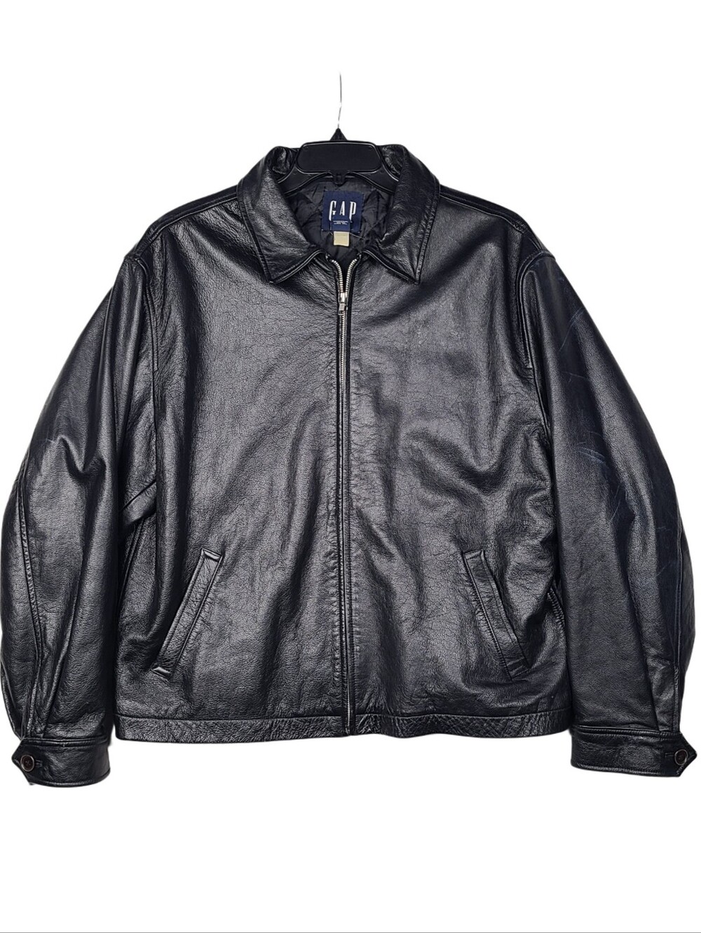 Vintage GAP Black Leather Moto Bomber Jacket w Back Straps Size XL Quilted Y2K